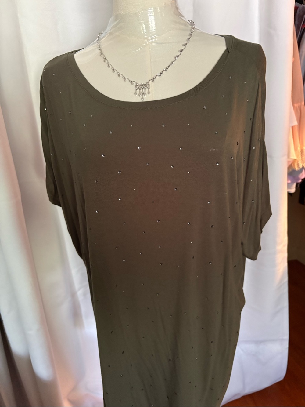 Short Sleeve Olive Scoop Neck Tee with Subtle Rhinestones